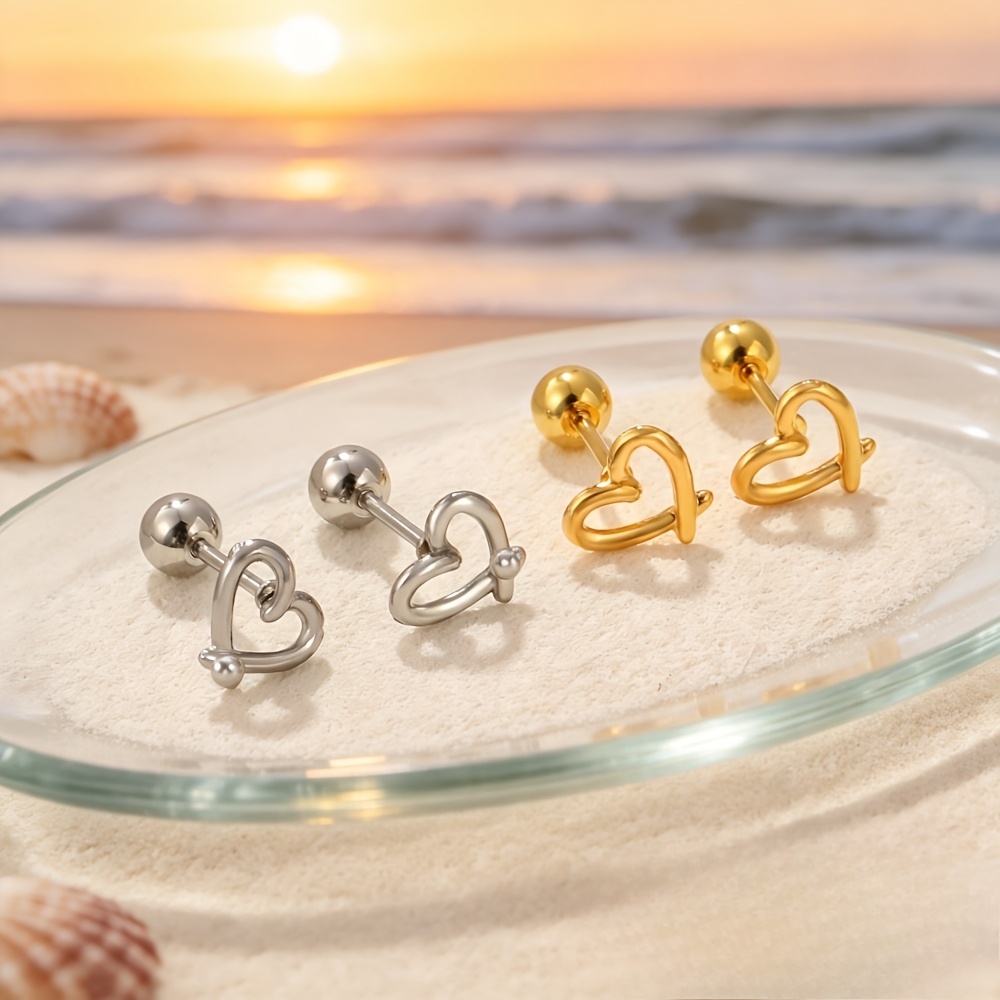 Women's Hollow-Out Heart Screw Ear Studs, Two-Tone Design